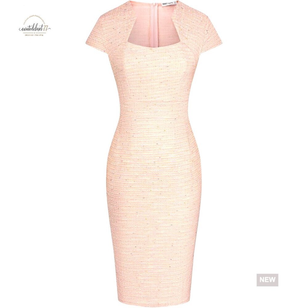 Slim Fit Tweed Pencil Dress with Cap Sleeves for Work and Cocktail
